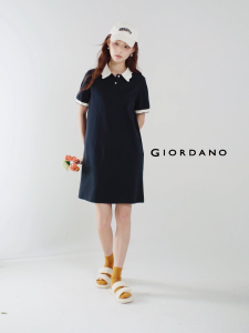 GIORDANO ผู้หญิง ชุดเดรสโปโลแต่งขอบคลื่นตัดกัน ลายดอกไม้ กระดุม แขนสั้น แฟชั่นลำลอง ชุดเดรสโปโล 18465912
