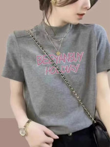 Pure Cotton Half High Collar Short Sleeve T-Shirt Womens Summer New Fashion Versatile Stand Collar Loose Slimming Top Shirt