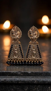 [SG] Vel Murugan Temple Jimikki Earrings | Maroon Accents | Antique Gold Look | Lord Murugan Design | Tamil Heritage Jhumka Earrings | ear me out (EMO-415)