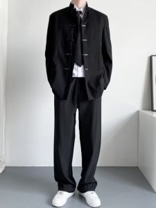 New Chinese Style Mens Pad Shoulder Suit Coat with Button Casual Spring Autumn Student Tang Costume Loose Fit Fashionable