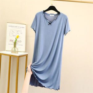 Modal Tay Ngắn Mùa Hè Mỏng Phong Cách Đồ Ngủ Mặc Ở Nhà Dáng Rộng Váy Midi Thông Thường Với Tua Rua Chi Tiết