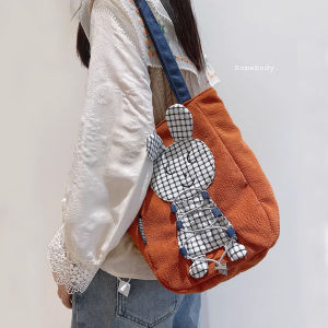 Orange Rabbit Three-Color Patchwork Shoulder Bag Womens Cartoon Underarm Tote Bag Cute Versatile Fall Winter New Handbag