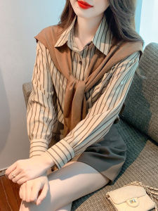 เสื้อเชิ้ตผ้าชีฟองลายทางแขนยาวแฟชั่นสำหรับผู้หญิง ฤดูใบไม้ผลิและฤดูใบไม้ร่วง สไตล์ยุโรป เสื้อเชิ้ตคอโปโลแบบหลวมๆ