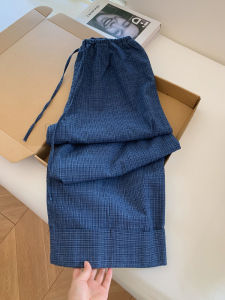 Blue Plaid Cuffed High Waist Loose Wide Leg Pants Womens Casual Loose Fit Trousers Slimming Lazy Style Long Straight Tube Pants