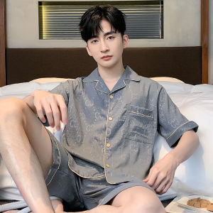 ผู้ชาย ฤดูร้อน ชุดนอน แขนสั้นบาง ผ้าฝ้าย ผ้าไหม หลวม ชุดอยู่บ้านสบาย ระบายอากาศได้ดี น้ำหนักเบา ชุดราตรี