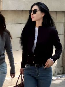 Áo Len Cardigan Dệt Kim Màu Đen Cho Nữ Dáng Rộng Ngắn Thời Trang Xuân Thu Phong Cách Hàn Quốc Có Nút Cài Áo Dài Tay Cổ Đứng