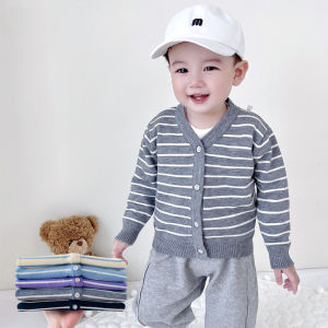 เสื้อคาร์ดิแกนฤดูใบไม้ผลิและฤดูใบไม้ร่วงสำหรับเด็กเสื้อตัวในลายทางแมทช์ลุคง่ายสำหรับเด็กชายและเด็กหญิงเสื้อตัวนอกผ้าคอตตอนแท้สำหรับเด็กทารกออกไปข้างนอก