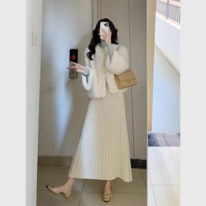 QFN | Warm Fashionable White Fluffy Coat Skirt Set