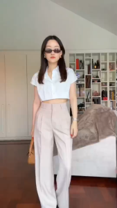 Rainny Wide [ ทรงกระบอกใหญ่มีจีบ2 จีบมีเข็มขัดผ้าลายสองทิ้งตัวพรางหุ่นพรางสะโพกเก็บพุง