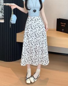 AIYITI | Váy midi chữ A họa tiết hoa đen phong cách Hàn Quốc cho nữ cỡ lớn mùa hè váy chiffon xếp nếp dài vừa phải tôn dáng