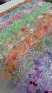 5 Yards African Beaded Lace Fabric Tulle with Sequins French 3D Flower Embroidered Applique for Sewing Material