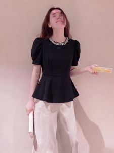 PAIBOLI | Áo Sơ Mi Dây Ngọc Trai Kiểu Hepburn Viền Xòe Dập Ly