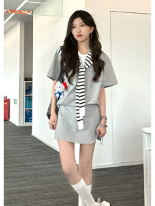 YUEZHONGWEI | Gray Short Sleeve Sporty Mini Skirt Set Two-Piece Summer Outfit Anti-Aging Womens Clothing Casual Sport Half-length Skirt