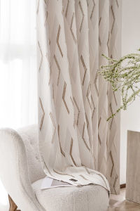 Custom Made Geometric Fringe Linen Curtain | Beige Cream 3D Diamond Embossed Blackout Curtains Bespoke Size Window Drapery for Living Room Bedroom