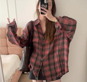 Pink Plaid Long Sleeve Loose Womens Shirt Student Style Spring Summer New Arrival Versatile Outerwear Korean Version Button Detail