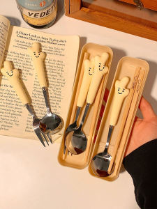 Portable Stainless Steel Wooden Handle Chopsticks Fork Spoon Three-Piece Set for Students Adults Outdoor Dining Utensils