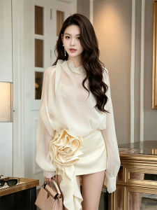 Elegant Transparent Long Sleeve Shirt Unique Floral Skirt Set