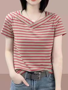 Cotton Short Sleeve T-shirt Slimming Loose Stripes