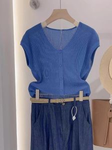 Yingzi Instrument Womens Ice Silk Knitted V-Neck Sweater with Flying Sleeves Korean Style Commuting Top for Summer