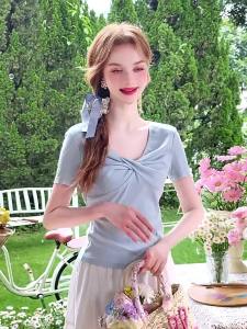 HEYINI | Áo Thun Tay Ngắn V-Neck Lyocell