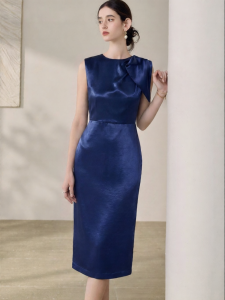 Roey s house | Elegant Noble Blue Satin Sleeveless Slim-fit Mid-length Dress