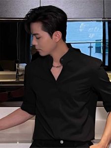 Summer Mens Short Sleeve Shirt Slim Fit Trendy Stand Collar Five-Quarter Sleeve Mens Fashion Top Youth Popular Daily Wear