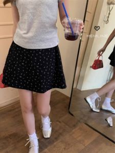 Váy Ngắn Chữ a Họa Tiết Hoa Cổ Điển Cạp Cao Màu Đen Thiết Kế Mùa Hè Cho Nữ Váy Ngắn Chữ a Phong Cách Hàn Quốc