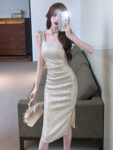 Socialite Temperament Entry Lux Socialite Sequin off-Neck Tight Waist Slim Looking Design Split Fancy Dress Dress Fashion