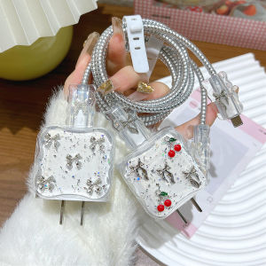 Clear Shining Cherry Bowknot Charger Head Protective Case For iPhone 17 16 18W 20W Charging Cable Protector Cover Organiser Kit