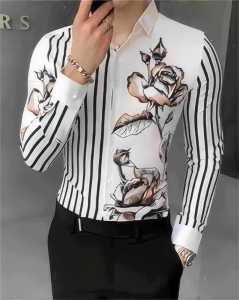 Autumn New Arrival Florals Stripes Patchwork Men Casual Shirt Handsome Trendy Fashion Mens Clothing Silm Printed Shirt Mens