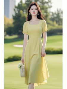 Elegant French Style Long Yellow Waist-Cinching Dress Womens Fashionable Unique Design High Quality Silk Material Commute Suitable
