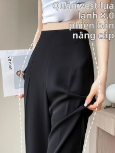 Quần Dài Chất Kẻ Sọc Đen Làm Mát Cao Thắt Lưng