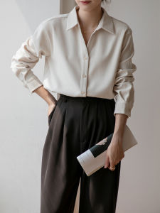 เสื้อเชิ้ตผู้หญิงสไตล์ฝรั่งเศส ทรงหลวม แขนยาว คอกลม ทรงพอดีตัว ทรงหลวม ทรงพอดีตัว เสื้อเชิ้ตผู้หญิง