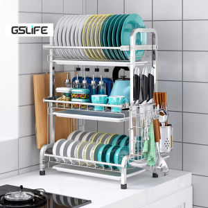GSlife 304 Stainless Steel Multi-Tier Dish Rack with Pull-Out Tray & Countertop Organizer Kitchen Bowl Plates Organizer with Cuo Holder