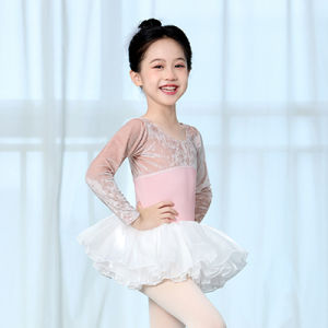 daydance | Girls Ballet Leotards with Organza Puffy Skirts Long Sleeve Dance Tutu Dress Kids Child Velvet Ballet Bodysuit Ballet Dress