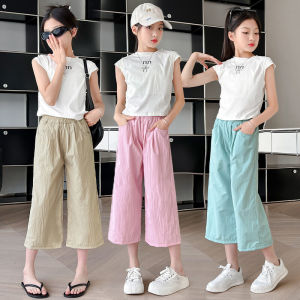 Girls Short-Sleeved Suit 2024 New Arrival Summer Clothing Fashion Kids Older Childrens Leisure Girls Cropped Pants Summer Two-piece Set