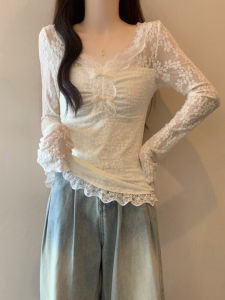 เสื้อเชิ้ตคอวีลูกไม้ลายปักสุดเก๋สำหรับผู้หญิง เสื้อชั้นในทรงหลวมสไตล์เกาหลี แขนยาว ปกติ ฤดูใบไม้ร่วง 2024 เสื้อเชิ้ตผู้หญิง