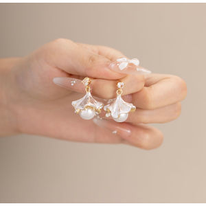 Silver Ginkgo Leaf Pearl Pendant No Piercing Ear Jewelry Womens Forest System Gentle Girl Sweet Style Clip-On Mosquito Coil Tray