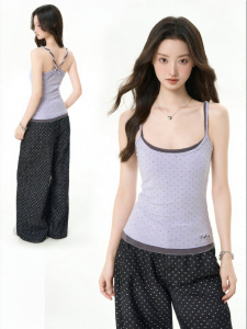 iiiamx | Áo Tank Top Dây Đan Chấm Bi Phối Lớp Cho Nữ Mùa Hè