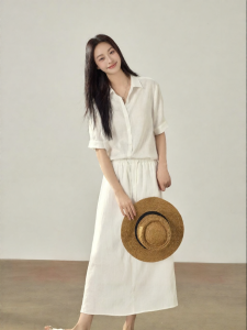 JUEQIDEXIAOGEZI | Bộ Áo Sơ Mi Tay Ngắn Váy Tencel Linen Giảm Cân Mùa Hè
