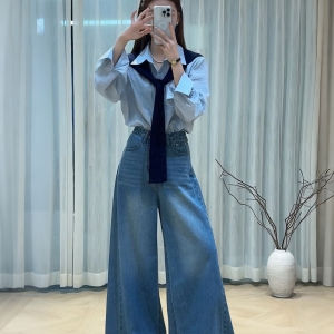 XUECAIQI | Spring Stylish Commute Shirt Denim Wide Leg Trousers 3-Piece Set