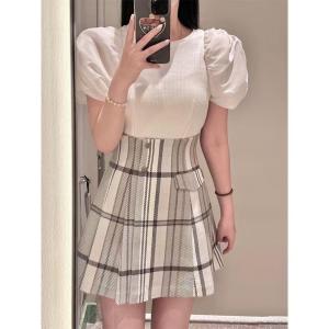 High Waist Asymmetric Pleated Slim A-Line Mini Skirt with Inner Short Korean Style Spring Summer Autumn Plaid Skirt Pants