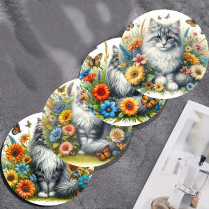 4 Cat print coasters suitable for daily family party decoration kitchen office non-slip wooden coasters holiday gifts