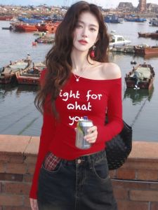 Unique Beautiful Red Shoulder T-Shirt Letter Design Autumn Winter High Waist Style Korean Fashion Anti-Aging Elegant Ladies Top