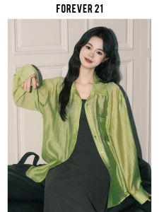 Forever 21 Casual Style Loose Fit Long Sleeve Womens Shirt Sun Protection Green Transparent Elegant Casual Fashion Top