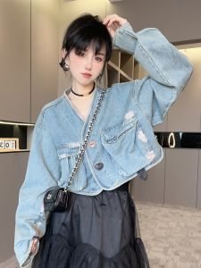Womens Denim Jacket Short Sleeve Long Sleeve V-Neck Pure Color Button up Cardigan Top Summer New Arrival Casual Fashion