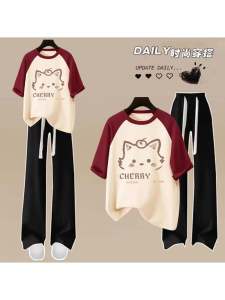 Nguyên Chất Cotton Màu Sắc Tương Phản Áo Thun Nữ Tay Ngắn Nữ Mùa Hè 2024 Thời Trang Thể Thao Thường Ngày 2 Bộ Quần Ống Rộng