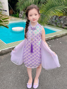 Girls Vest Skirt Summer Outfit 2025 New Fashion Childrens Cheongsam Skirt Super Fairy Sparkling Princess Skirt Polyester Fiber