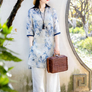 New Chinese Style Loose Fit Printed Cotton Linen Shirt Womens Summer Fashion Commute Short Sleeve Tea Ceremony Costume