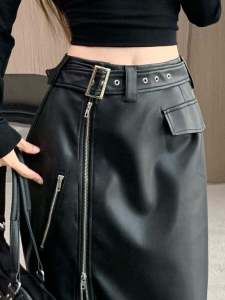 Black Working Wear PU Leather Skirt for Women Mid Length Long Length Fall and Winter Ins Trendy Silm Easiest for Match Side Slit Sheath Straight Skirt